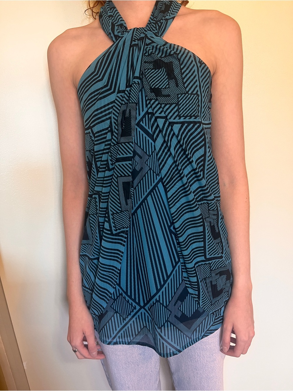 le chateau Teal and Black One-Shoulder Halter Dress